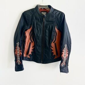 Harley Davidson Black Leather Riding Jacket Orange Flames Embroidered Arms M